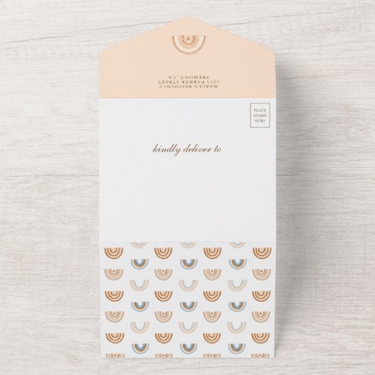 Dusty Peach Arch Earthy Boho Rainbow Baby shower All In One Uitnodiging (Buitenkant)