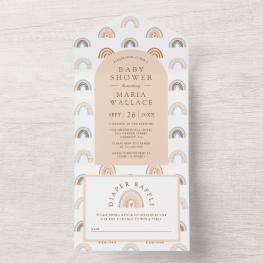 Dusty Peach Arch Earthy Boho Rainbow Baby shower All In One Uitnodiging (Binnen)