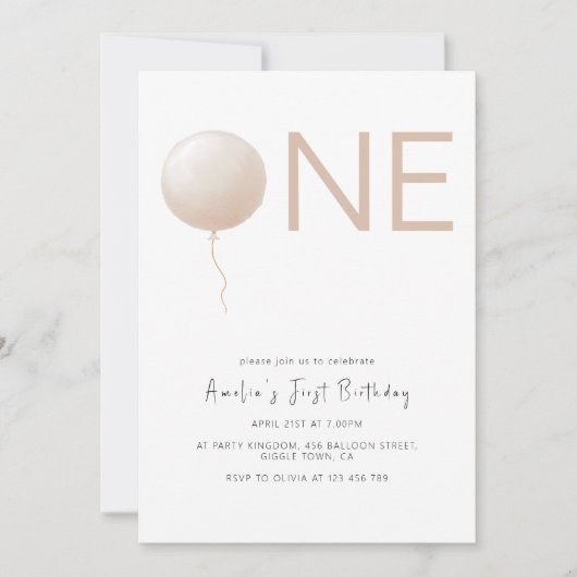 Dusty Peach Balloon Minimalist First Birthday Kaart (Voorkant)