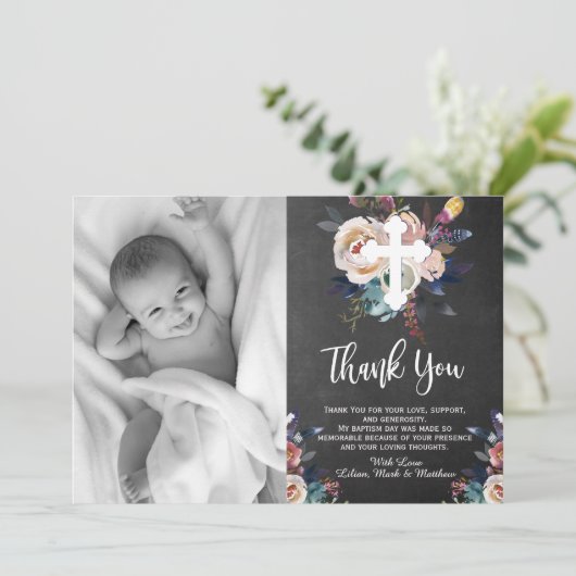 Dusty Peach Blauw Bloemen Doop Dank u kaart (Staand voorkant)