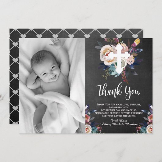 Dusty Peach Blauw Bloemen Doop Dank u kaart (Voorkant / Achterkant)