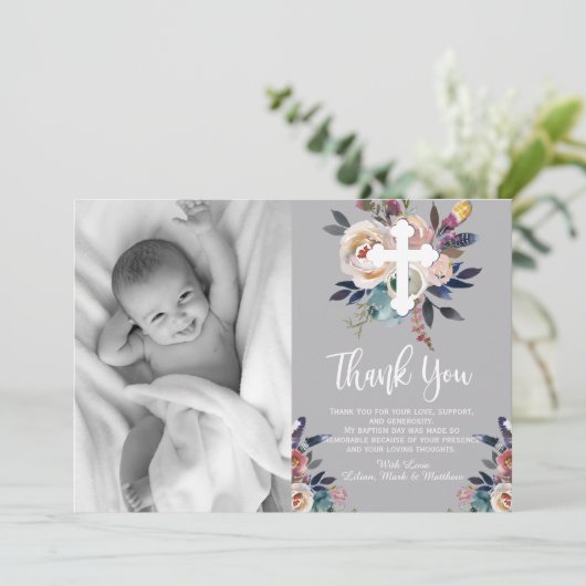 Dusty Peach Blauw Bloemen Doop Dank u kaart (Staand voorkant)