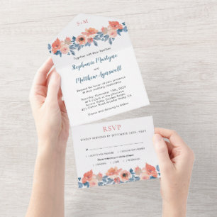 Dusty Peach Blue Elegant Floral Wedding All In One Uitnodiging