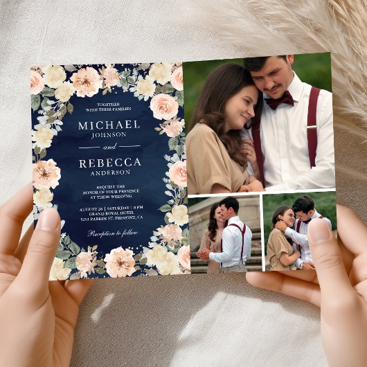 Dusty Peach Floral Navy Blue QR Code Wedding