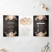 Dusty Peach Floral Pumpkin Barn Wood Weddenschap Drieluik Uitnodiging (Binnen)