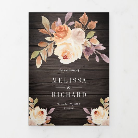 Dusty Peach Floral Pumpkin Barn Wood Weddenschap Drieluik Uitnodiging (Cover)