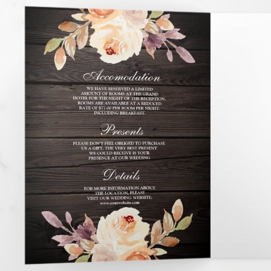 Dusty Peach Floral Pumpkin Barn Wood Weddenschap Drieluik Uitnodiging (Binnenzijde eerst)