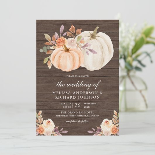 Dusty Peach Floral Pumpkin Barn Wood Weddenschap Kaart (Staand voorkant)