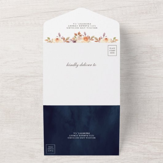 Dusty Peach Floral Pumpkin Navy Blue Wedding All In One Uitnodiging (Buitenkant)