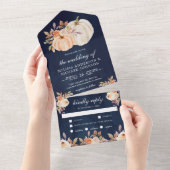 Dusty Peach Floral Pumpkin Navy Blue Wedding All In One Uitnodiging (Afscheurbaar)