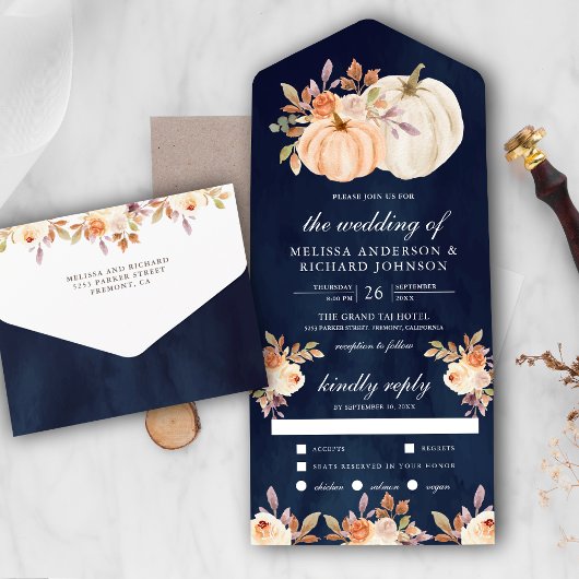 Dusty Peach Floral Pumpkin Navy Blue Wedding All In One Uitnodiging