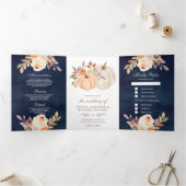 Dusty Peach Floral Pumpkin Navy Blue Wedding Drieluik Uitnodiging (Binnen)