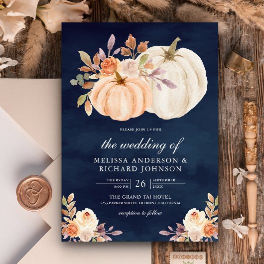Dusty Peach Floral Pumpkin Navy Blue Wedding Kaart