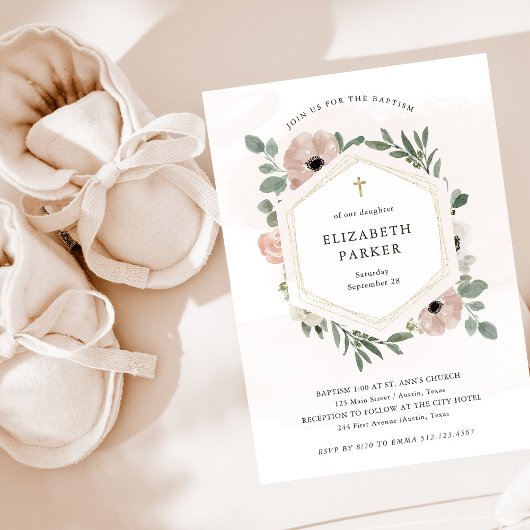 Dusty Peach Flowers en Greenery Baptism Kaart