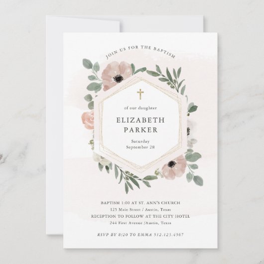Dusty Peach Flowers en Greenery Baptism Kaart (Voorkant)
