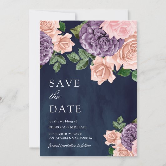 Dusty Peach Paarse Bloemen Navy Blue Wedding Save The Date (Voorkant)