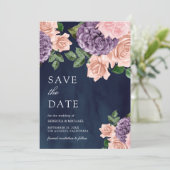 Dusty Peach Paarse Bloemen Navy Blue Wedding Save The Date (Staand voorkant)