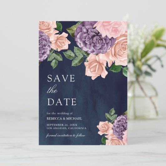Dusty Peach Paarse Bloemen Navy Blue Wedding Save The Date (Staand voorkant)