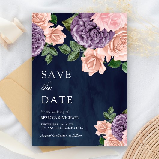Dusty Peach Paarse Bloemen Navy Blue Wedding Save The Date