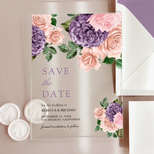Dusty Peach Paarse Floral Wedding Save the Date Acryl Uitnodigingen