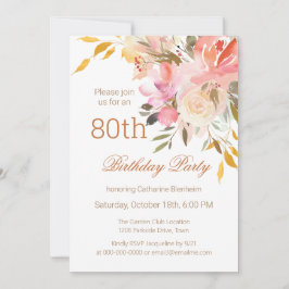 Dusty Peach Waterverf Floral 80th Birthday Party Kaart