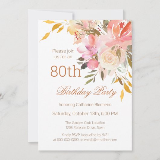 Dusty Peach Waterverf Floral 80th Birthday Party Kaart (Voorkant)