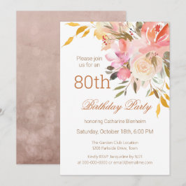Dusty Peach Waterverf Floral 80th Birthday Party Kaart