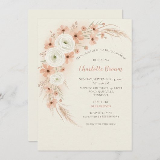 Dusty Peach Wildflower Bruids Douche Uitnodiging (Voorkant / Achterkant)