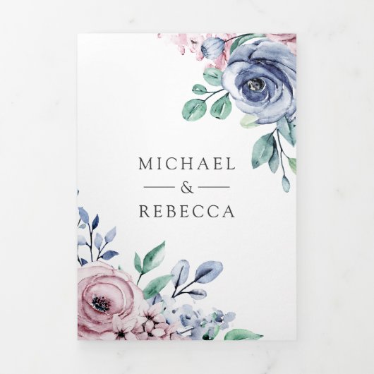 Dusty Periwinkle Blauw Roze Bloemen QR Code Bruilo Drieluik Uitnodiging (Cover)