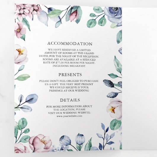 Dusty Periwinkle Blauw Roze Bloemen QR Code Bruilo Drieluik Uitnodiging (Binnenzijde eerst)