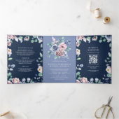 Dusty Periwinkle Pink Floral Navy QR Code Bruiloft Drieluik Uitnodiging (Binnen)
