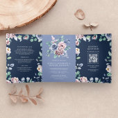 Dusty Periwinkle Pink Floral Navy QR Code Bruiloft Drieluik Uitnodiging