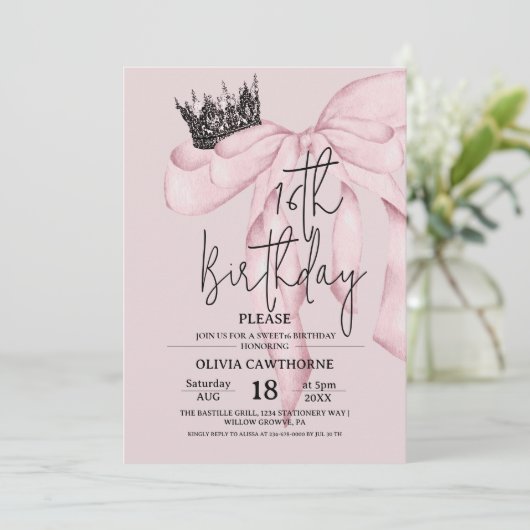 Dusty Pink 16th Birthday ⎮Modern Bow Sweet 16 Kaart (Staand voorkant)