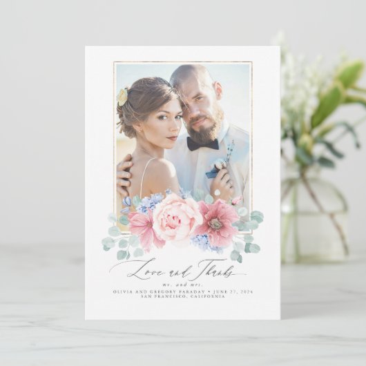 Dusty Pink and Dusty Blue Floral Wedding Bedankt Kaart (Staand voorkant)