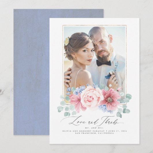 Dusty Pink and Dusty Blue Floral Wedding Bedankt Kaart (Voorkant / Achterkant)