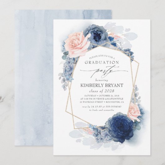 Dusty Pink and Navy Blue Floral Ombre Afstuderen Kaart (Voorkant / Achterkant)