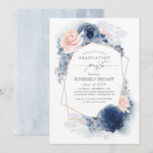 Dusty Pink and Navy Blue Floral Ombre Afstuderen Kaart