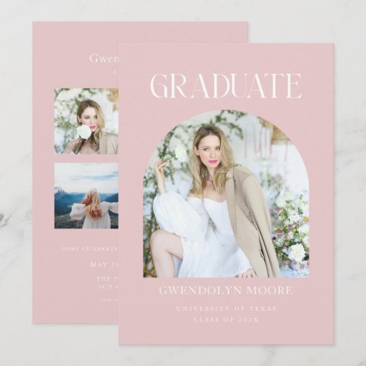 Dusty Pink Arch Foto Afstuderen Aankondiging Kaart (Voorkant / Achterkant)