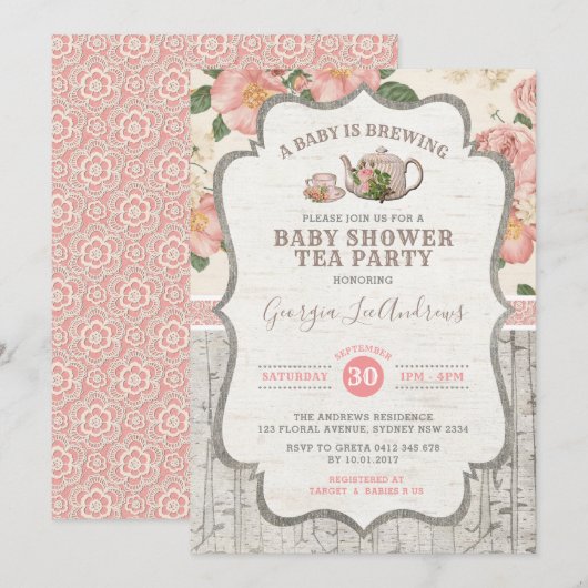 Dusty Pink Baby shower Tea Party  Floral Kaart (Voorkant / Achterkant)