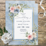 Dusty Pink Blue and White Roses Wedding Invitation Kaart<br><div class="desc">Dit ontwerp heeft stoffige blauwe, roze, en zachte witte rozenbouquets in de hoeken van een zachte blauwe achtergrond van de waterverf, met tekst die door een faux gouden lijst wordt ontworpen. Feminine en elegant, deze kaart maakt deel uit van de Dusty Pink, Blue & White Roses Wedding Suite van kaarten...</div>
