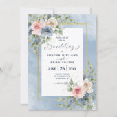 Dusty Pink Blue and White Roses Wedding Invitation Kaart (Voorkant)