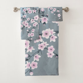 Dusty Pink Blue Cherry Blossom Floral Bad Handdoek