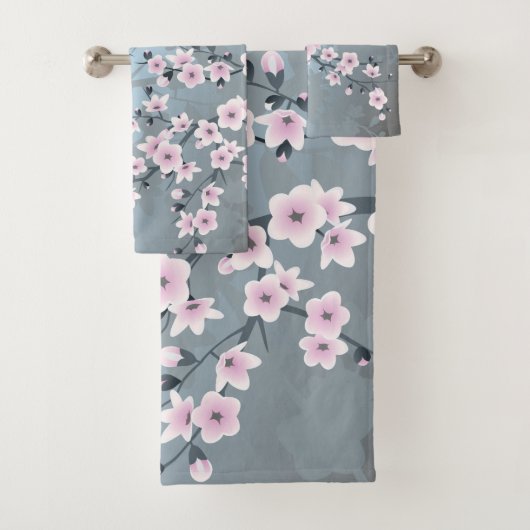 Dusty Pink Blue Cherry Blossom Floral Bad Handdoek (Insitu)