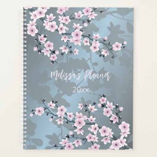 Dusty Pink Blue Cherry Blossom Naam Jaar Planner (Voorkant)