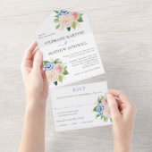 Dusty Pink Blue Hydrangea Floral Wedding All In One Uitnodiging (Afscheurbaar)