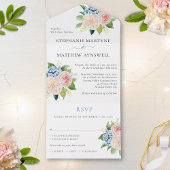 Dusty Pink Blue Hydrangea Floral Wedding All In One Uitnodiging