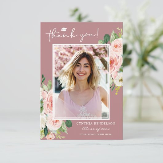 Dusty Pink Blush Afstuderen Foto Bedankkaart (Staand voorkant)