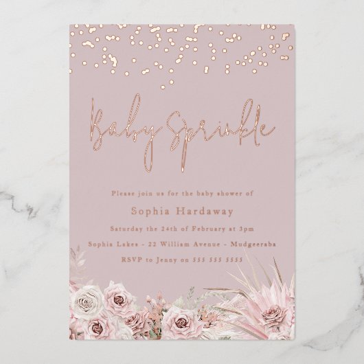 Dusty Pink Blush Baby Sprinkle Roos Gold Folie Uitnodiging (Voorkant)