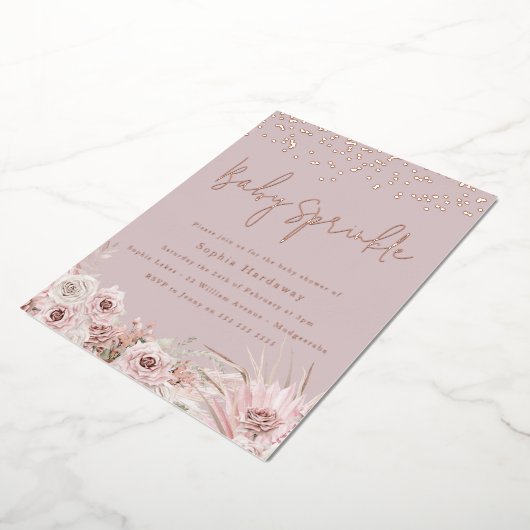 Dusty Pink Blush Baby Sprinkle Roos Gold Folie Uitnodiging (Gedraaid)