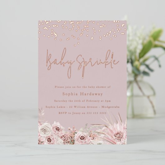 Dusty Pink Blush Baby Sprinkle Roos Gold Folie Uitnodiging (Staand Voorkant)